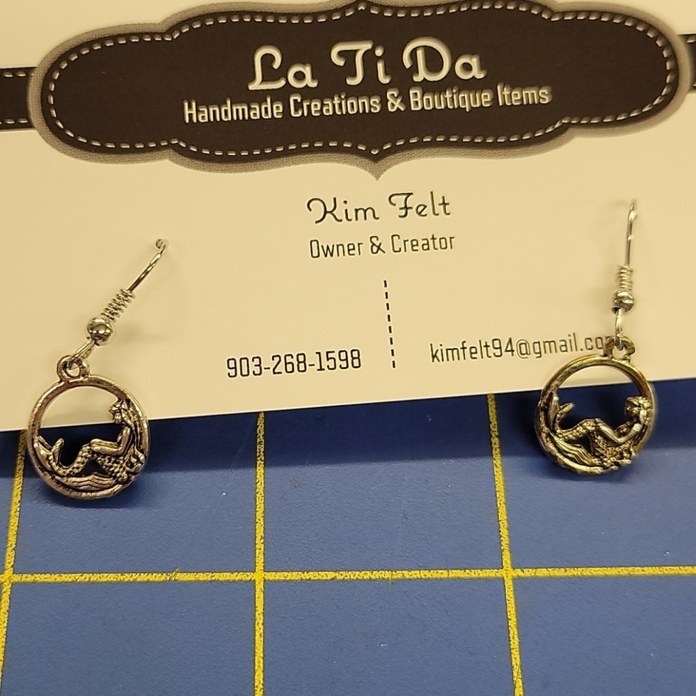 Mermaid Silver Tone Circle 1/2" Earrings Beach Sea